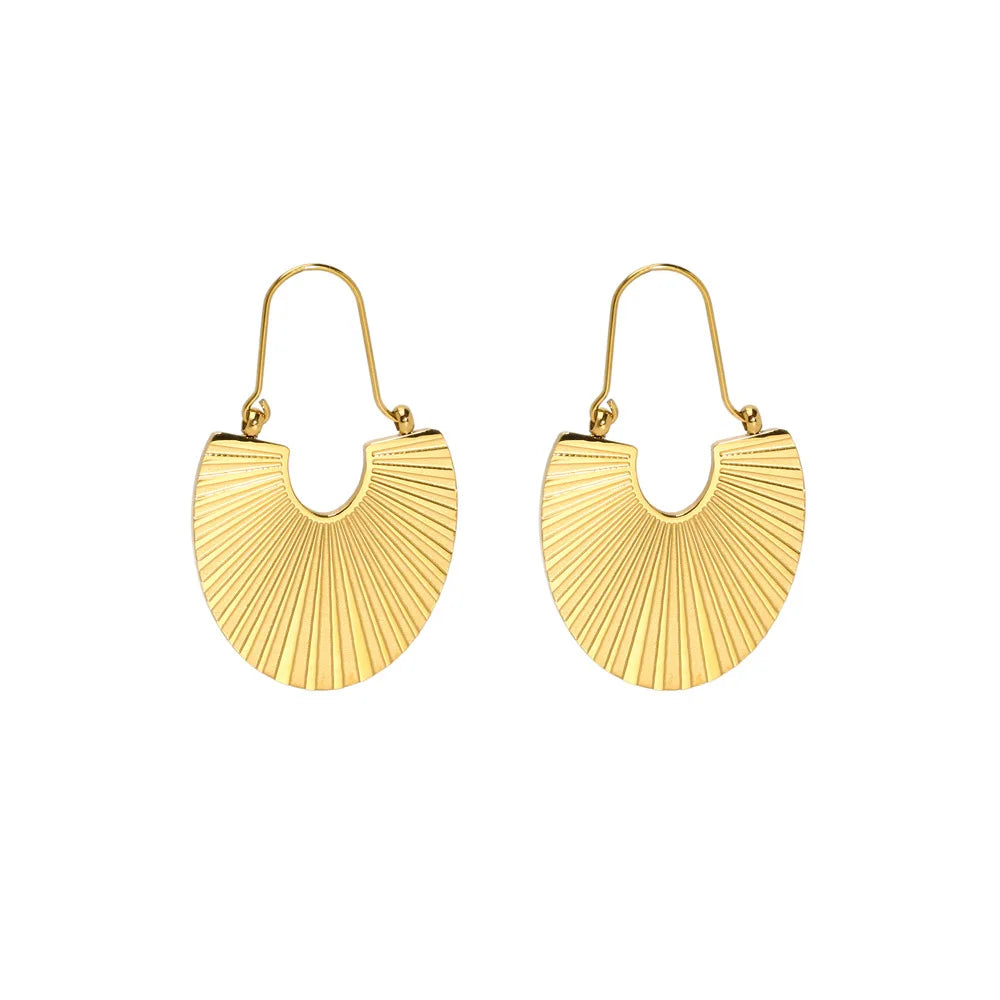 Stainless Steel Large Luxury Gold Plate Ribbed Fan-Shaped Earrings
