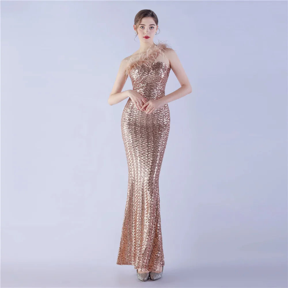 31359# 2024 Single Shoulder Diagonal Collar High Density Bead High-end Evening Dress