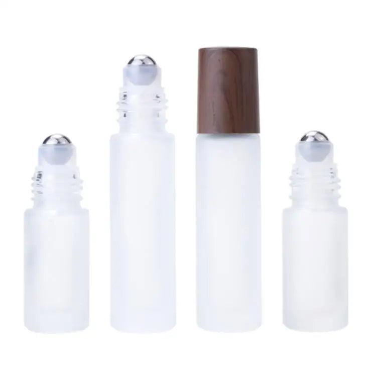 In Stock 5ml 10ml Frosted clear Glass Roll on Bottle With Steel Roller and Dark Wood Grain Cap