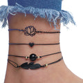 SC 4Pcs Black Rope Woven Chain Anklet Set Black Heart Feather Lotus Flower Round Bead Charm Anklet Set