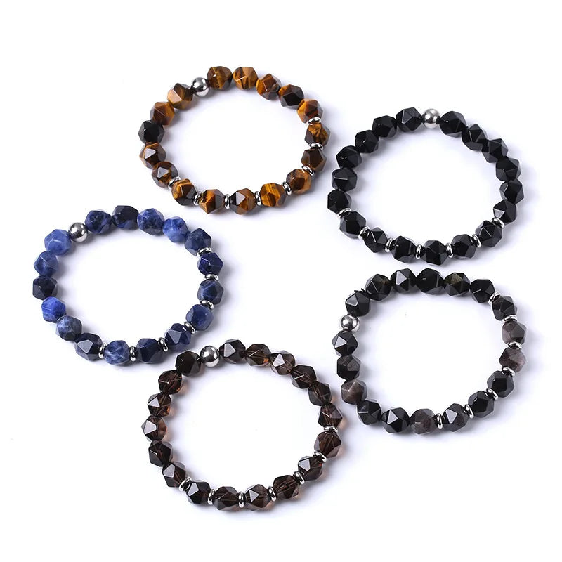 New Design Natural Stone Smoky Quartz Onyx Tiger Eye Faceted Gemstone Beads Stainless Steel Beads Elastic Bracelet