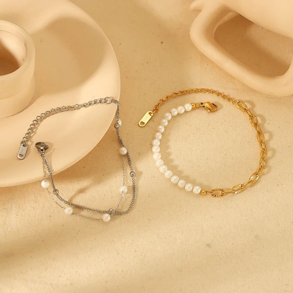 Fashion Versatile Pearl Bracelet Non Tarnish 18K Gold Plated Stainless Steel Pearl Splicing Paperclip Chains Bracelet Jewlery