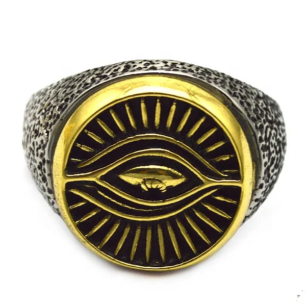 Classic Design Egyptian Jewelry Symbol of Protection Golden Eye of Horus Signet Ring Stainless Steel Gold Plated Stylish