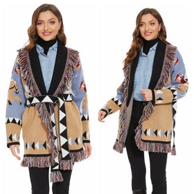 2025 Winter New Knit Fashion Cashmere Wool Blend Long Sleeves Plus Size Long Jacquard Sweater With Tassel Cardigans for Women