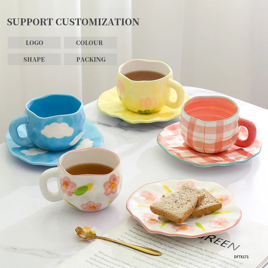 Custom Ins Ceramic Mug Handmade Irregular 10oz Coffee Cup and Saucer Afternoon Tea Retro Stoneware Mug Ceramic Cup