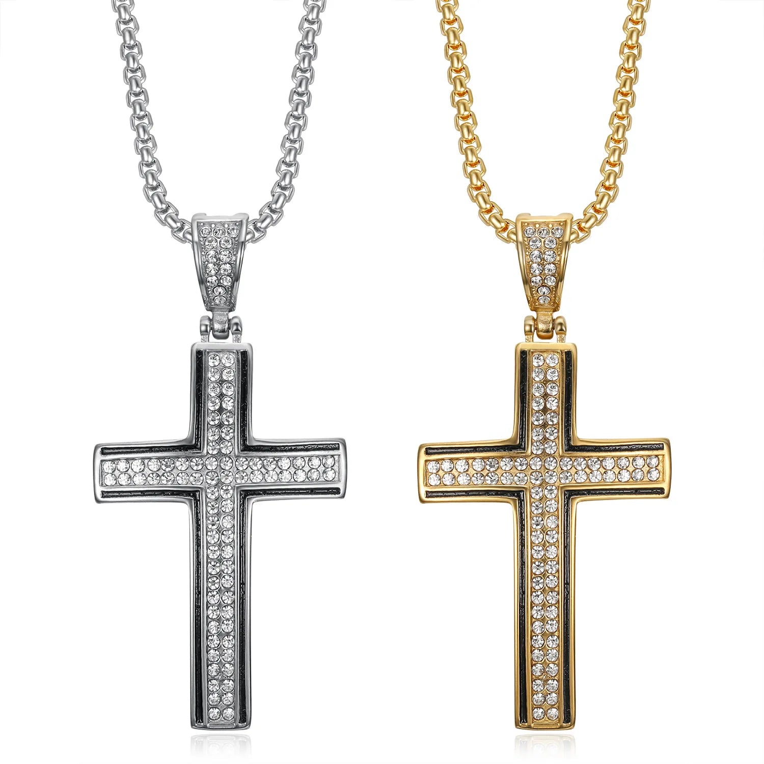 Men's Women's Street Style Stainless Steel Cross Pendant Necklace Gold Full Zircon Hip Hop Beads for Parties Catholic Pray