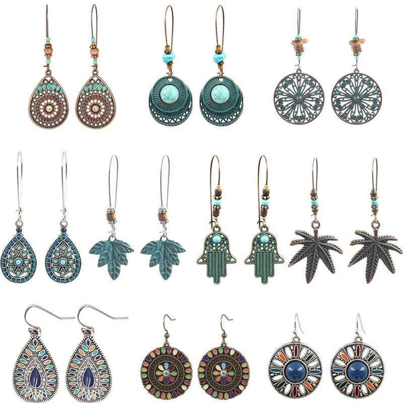 Bohemian Vintage Turquoise Water Drop Flower Fatima Hand Leaf Pendant Boho Earring Jewelry for Women