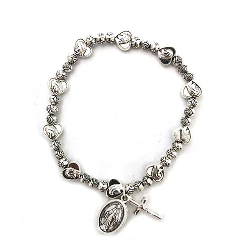 Handmade Rosary Bracelet Elasticated Metal Bracelet Round Rose Heart Shape Medal and Alloy Rose Beads Prayer Bracelets