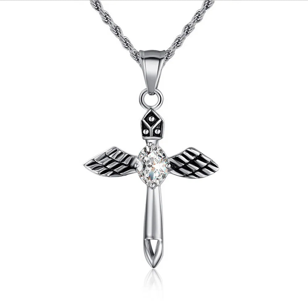 Factory Unique Design Stainless Steel 316L Angel Wing Cross Necklace Single Zircon Inlay for Mother's Day Fine Pendants Charms