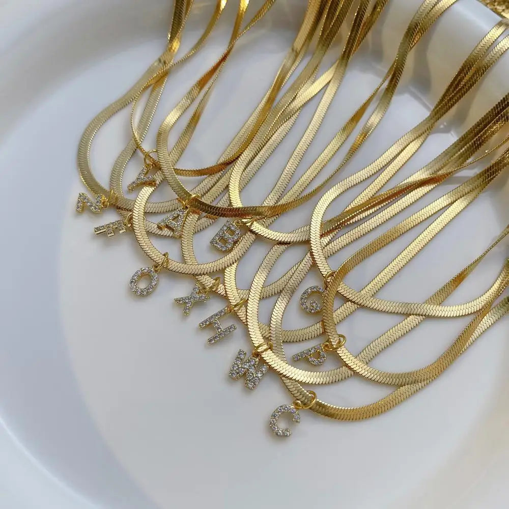 European American 26 Letter Stainless Steel Pendant Necklace Retro Court Style Flat Snake Bone Clavicle Chain Stacked Necklace