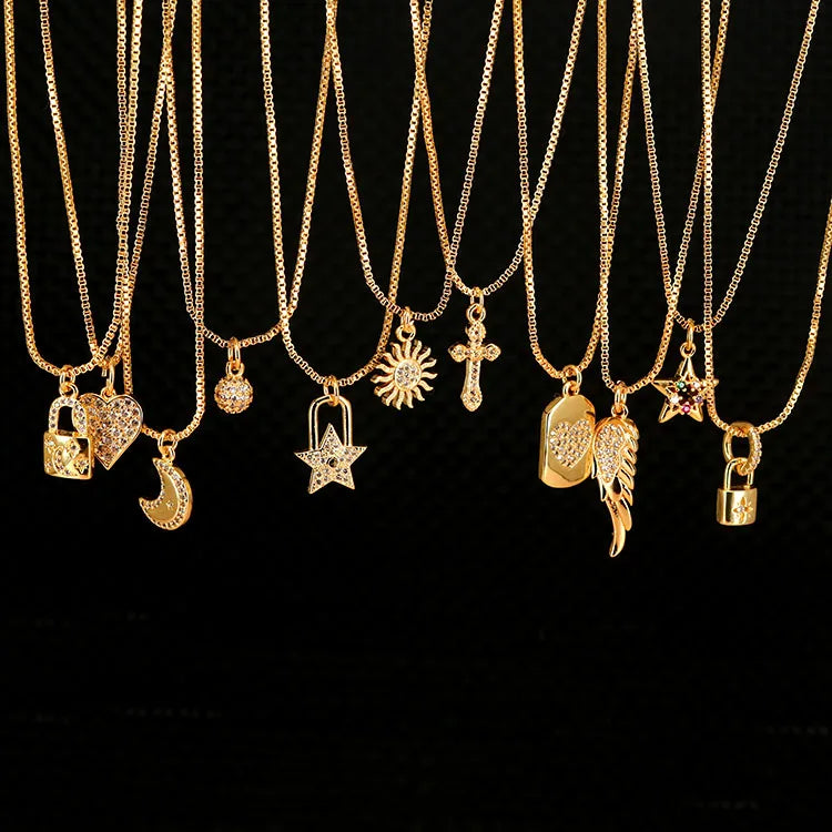 NZ1160 Fashion Minimal Wing Pendant Mini Heart Brass Charm with Cubic Zircon Women Chain Crescent Necklace