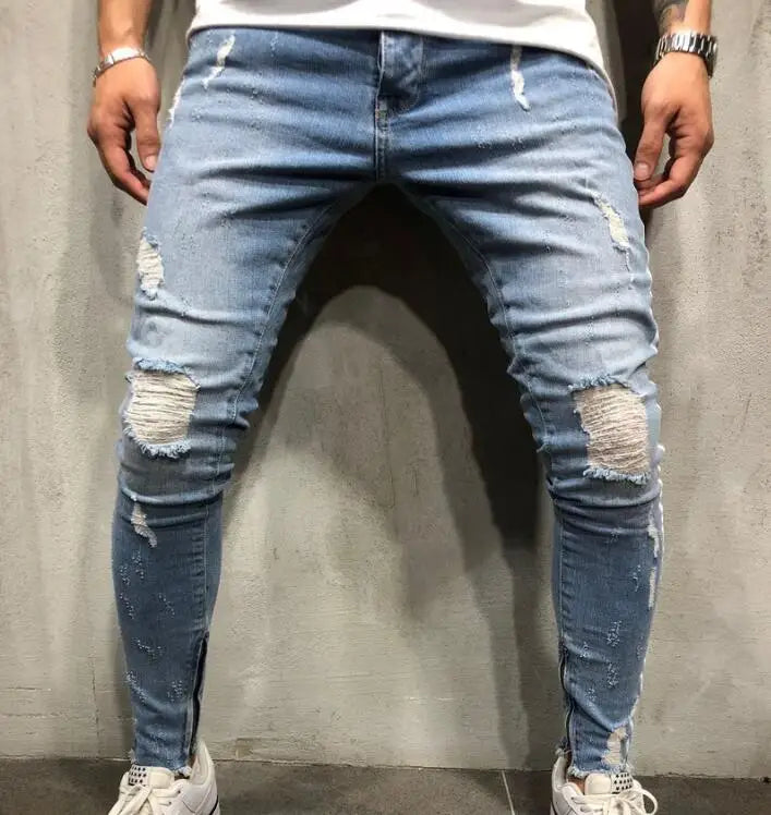 Custom Denim Casual Denim Pants Classic Stylish Jeans for Men Skinny Jeans Ripped Hole Side Stripe Trousers Jeans
