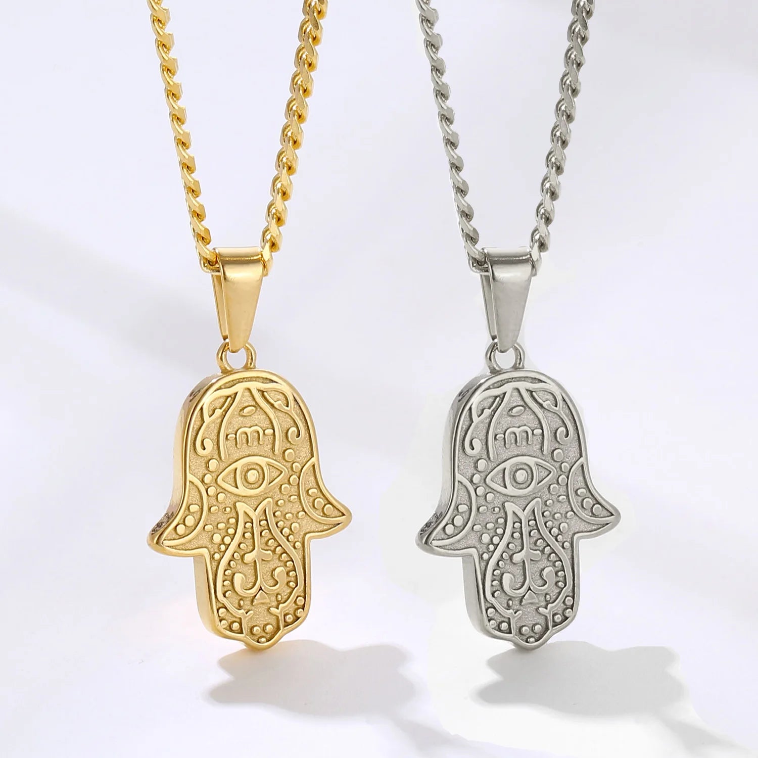 In Stock Fatima Hamsa Pendant 26mm Stainless Steel Women Men Amulet Jewelry Praying Hand Evil Eyes Necklace