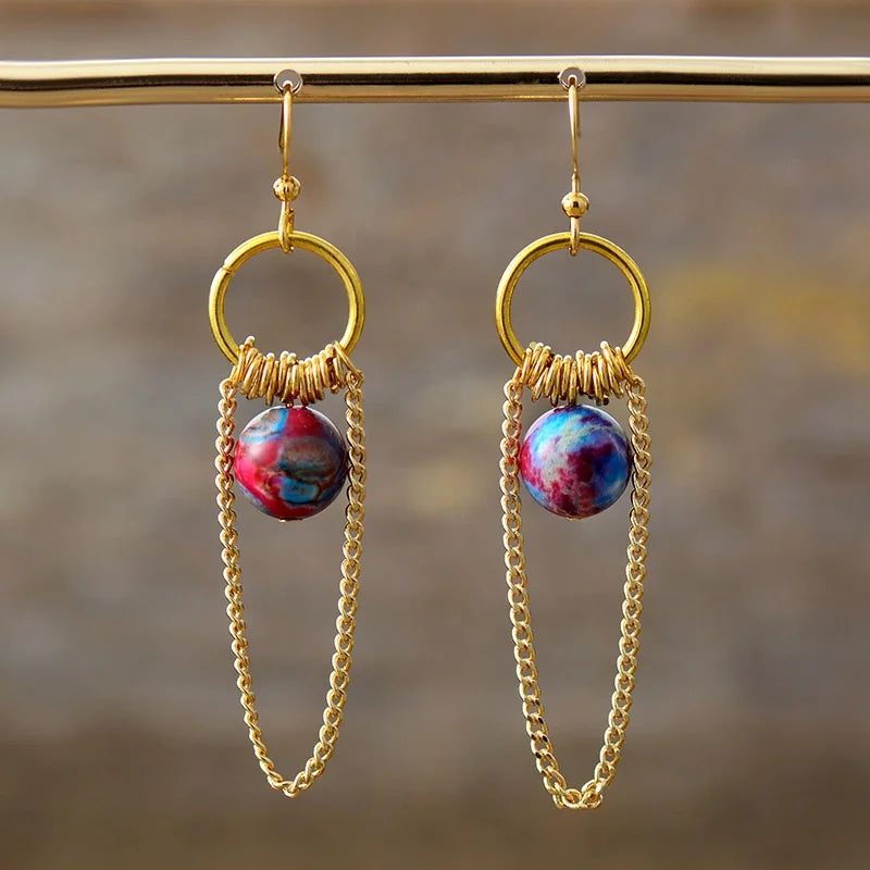 Bold Stylish Gold Plated Red Agate Jasper Amethyst Tassel Fringe Drop Earrings Elegant Wedding Unisex GIC Certified Fashion