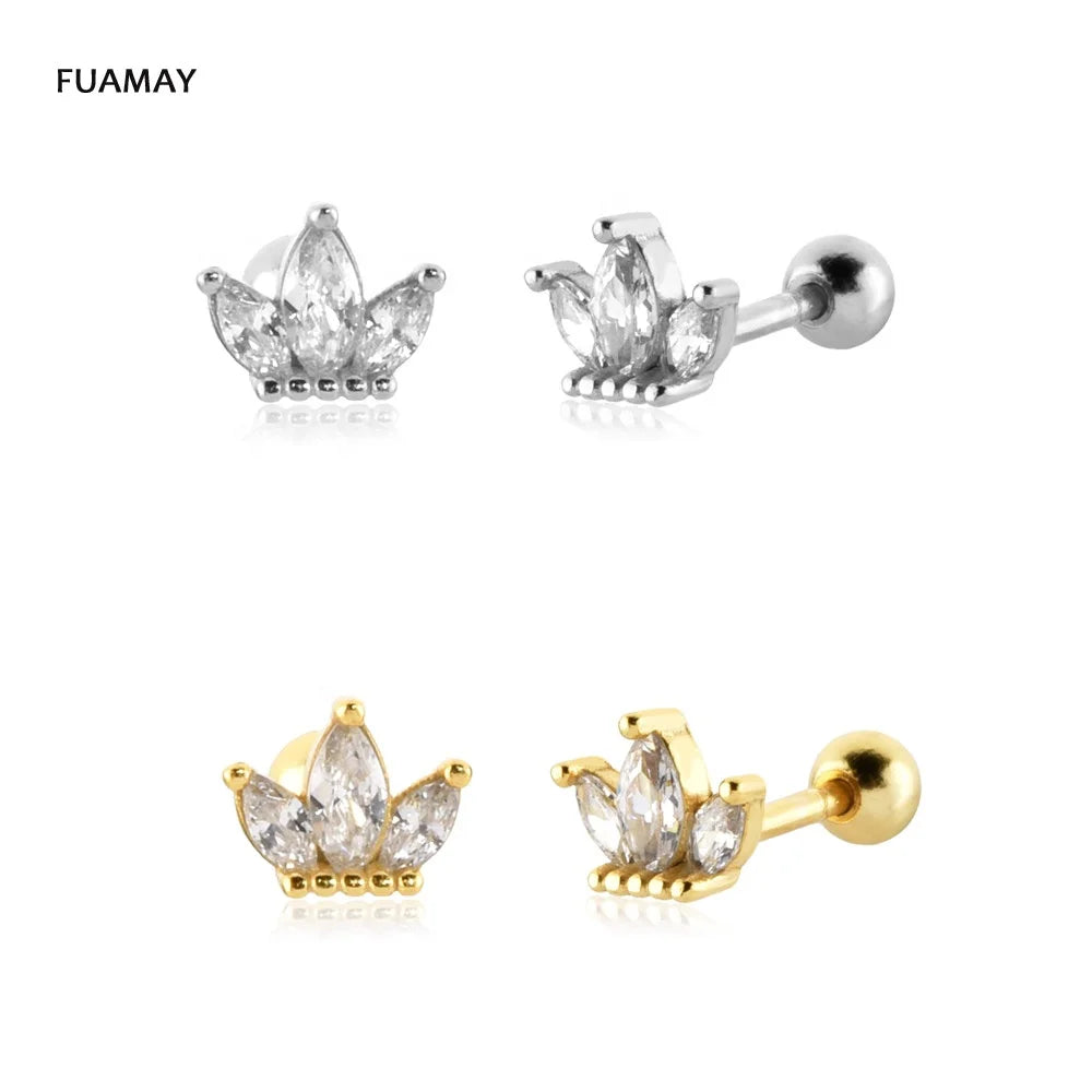 FUAMAY Women's Gold-Plated Marquise Queen Princess Crown Earrings Zircon Studs for Anniversary Party Gift