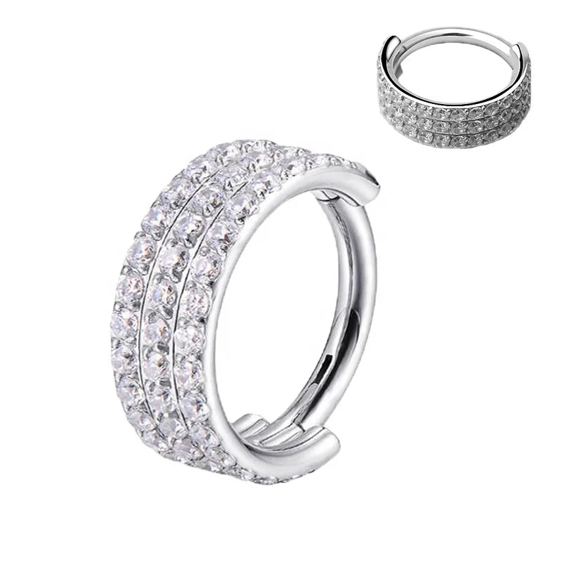 2025 G23 Titanium Hinged Segment Rings 3 Rows CZ Pave Side with Zircon Side Piercing Septum Clicker Nose Rings Body Jewelry