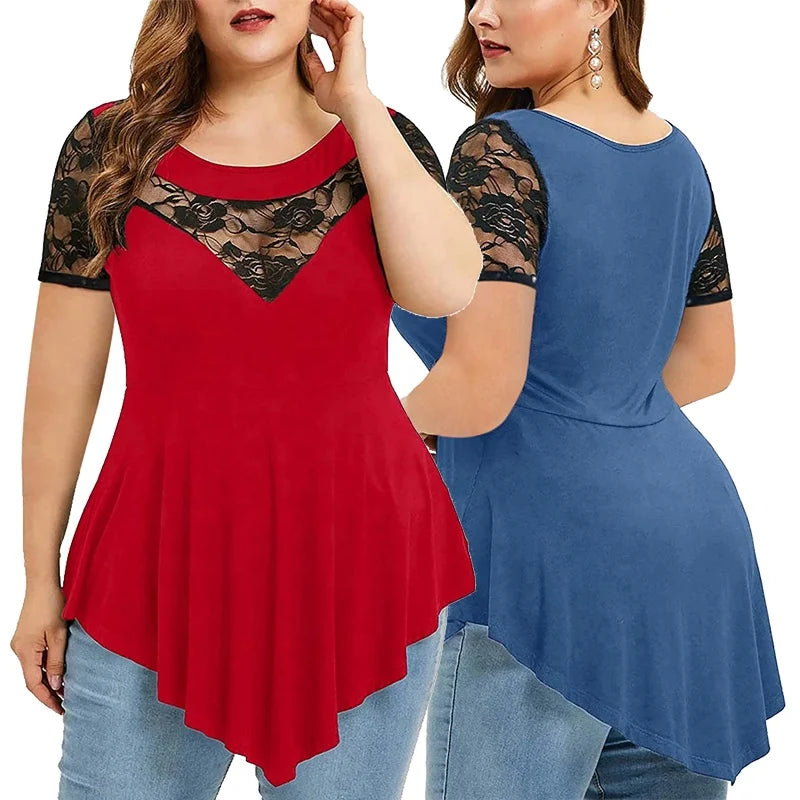 Plus Size Womens Formal Lace Shirts Long Asymmetric Tunic Tops Office Outfits Work Blouses Summer Clothes Loose T Shirt