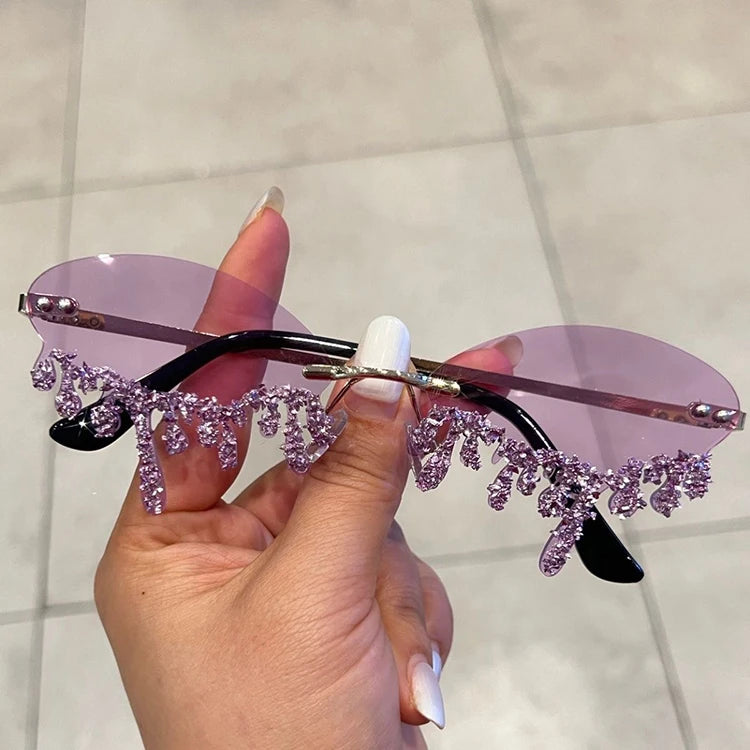 Anti UV Bling Luxury Rimless Funny Party Disco Lunette De Soleil Sunglasses Logo 2025 Women Shades Sun Glasses