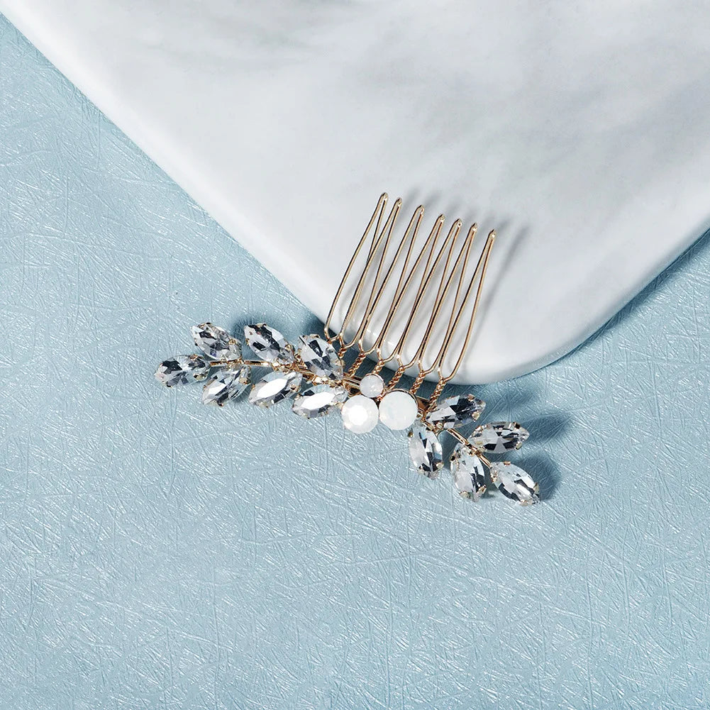 SLBRIDAL Handmade Small Cute Alloy Opal Crystal Rhinestones Bridal Hair Comb Wedding Headpiece Hair Accessories Women Jewelry