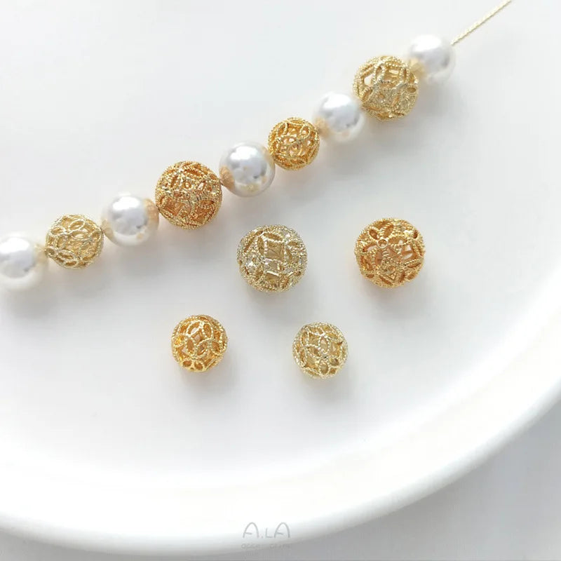 18K Gold-plated Copper 8mm 10mm Hollow Flower Ball Hydrangea Spacer Beads Handmade DIY Bracelet Earring Accessories Making