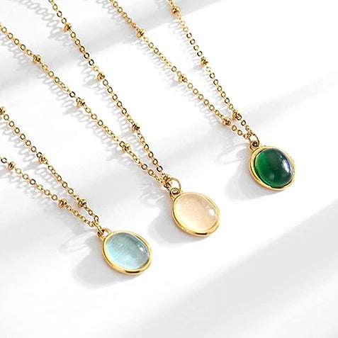 French Fashion Accessories Light Luxury Stainless Steel Necklace Elegant Cat's Eye Stone Necklace Gifts for Women Men