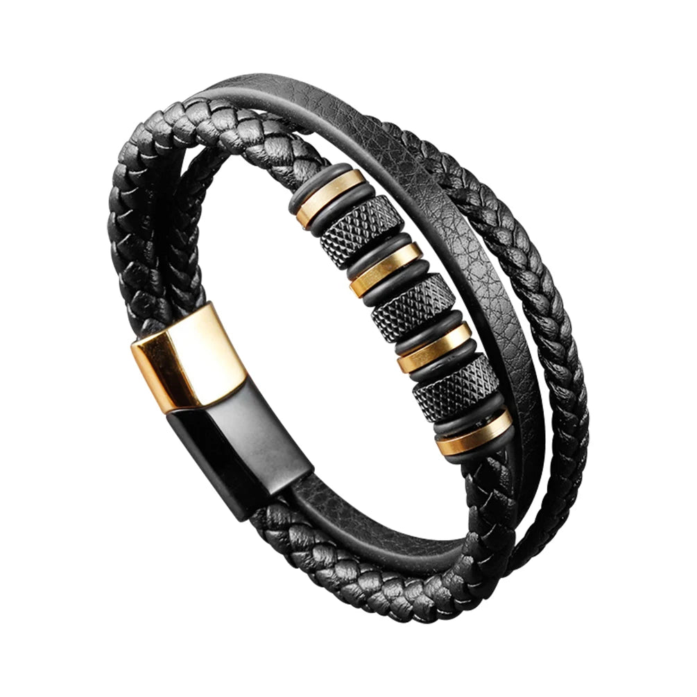 Alin Trendy Stainless Steel Gold Plated Jewelry Women's Leather Charm Bracelet Wholesale for Women or Men
