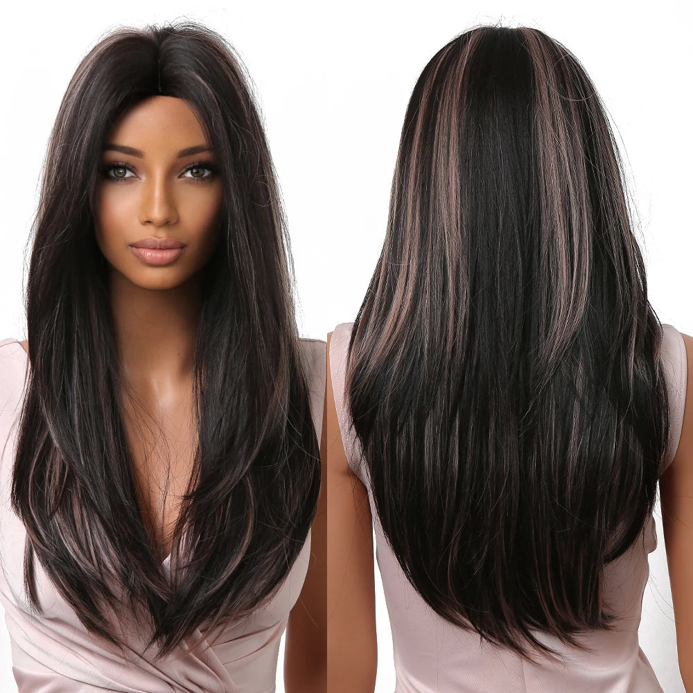 Factory Outlet Black Synthetic Wig with Blonde Highlight Long Straight Layered Wigs for Women Afro Middle Parted Hair