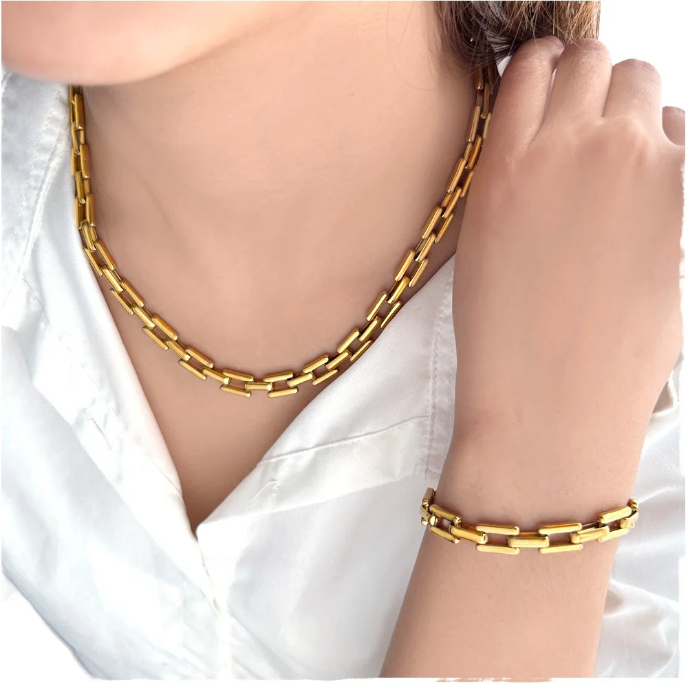 Lateefah Vintage Hip-Pop Fashionable Stainless Steel Paper Clip Chain Jewelry Set Bracelet Necklace