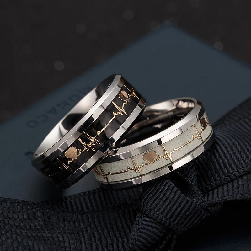 Wholesale Hip Hop Personality Luminous Electrocardiogram Luminous Ring Student Couple Ring for Love