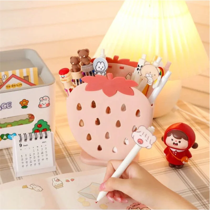 Fresh and Cute Girls Like Student Stationery Supplies Strawberry Shape Storage Box Pen Holder Makeup Brush Eyebrow Pencil Shelf
