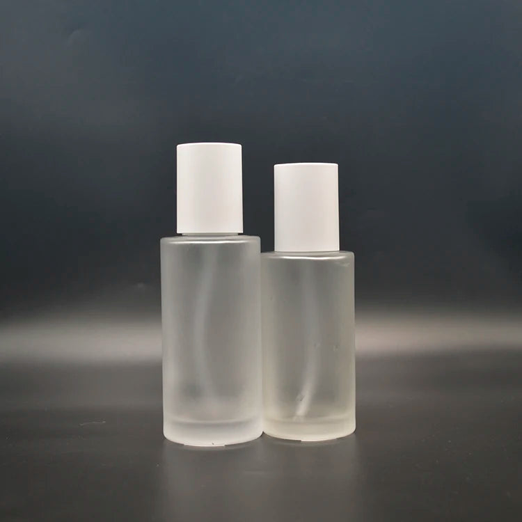 Popular 100ml-120ml Frosted Glass Pump Bottle for Cosmetic Lotion Serum Essential Oil with White Pump Cap Clear Bottle