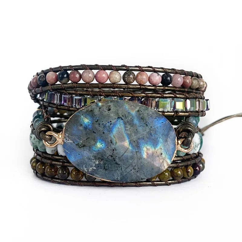 Handmade Natural Stone Bracelet Boho Gemstone Layered Wrap Adjustable Birthday Valentines Anniversary Gift Multilayer Bead Chain