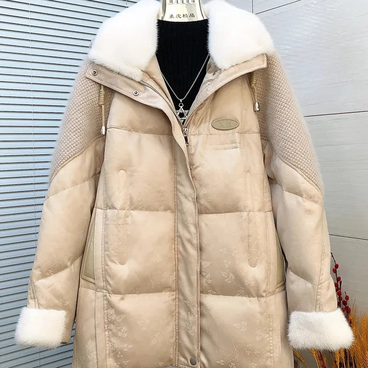 2024 New Women's High-End Satin Jacket with Mink Hair Collar Hooded Sheepskin Spliced Winter Fashion Coat with Fur Decoration