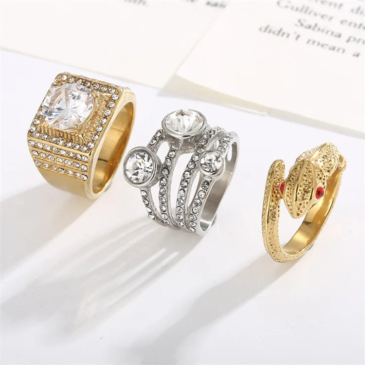 Hip Hop Jewelry Gold Chunky Ring Stainless Steel Custom Zircon Finger Rings