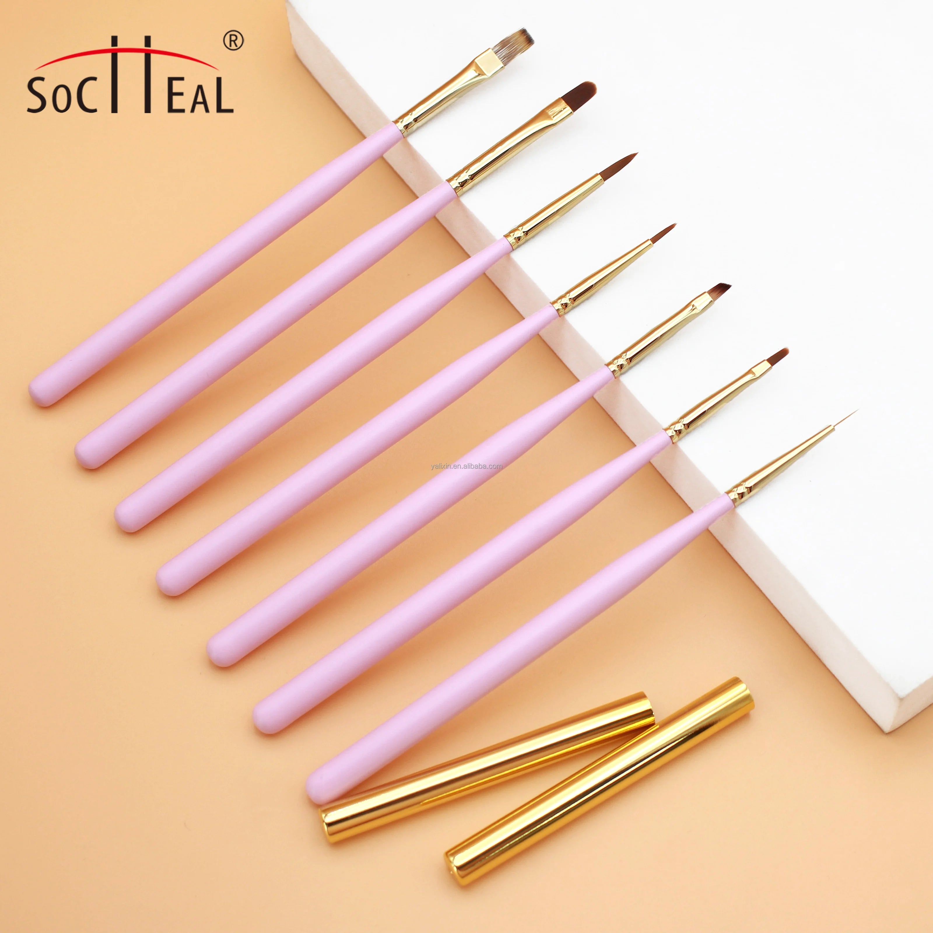 Private Label Wood Handle Pink Custom Logo Liner Gel Slanted Oval Flat Nail Gel Brush with Lid Nylon