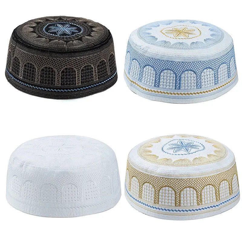 CCY Muslim Prayer Caps Cotton Embroidery Saudi Arabia Islamic Hat Turban Uae Ethnic Vintage Flat Top Round  Men's Hat Cap