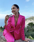 Shiny Satin Pink Women Suits 2 Piece Fashion Blazer Pants Outfit/Spring Summer Female Suits Casual Daily Set/New Ladies Clothes