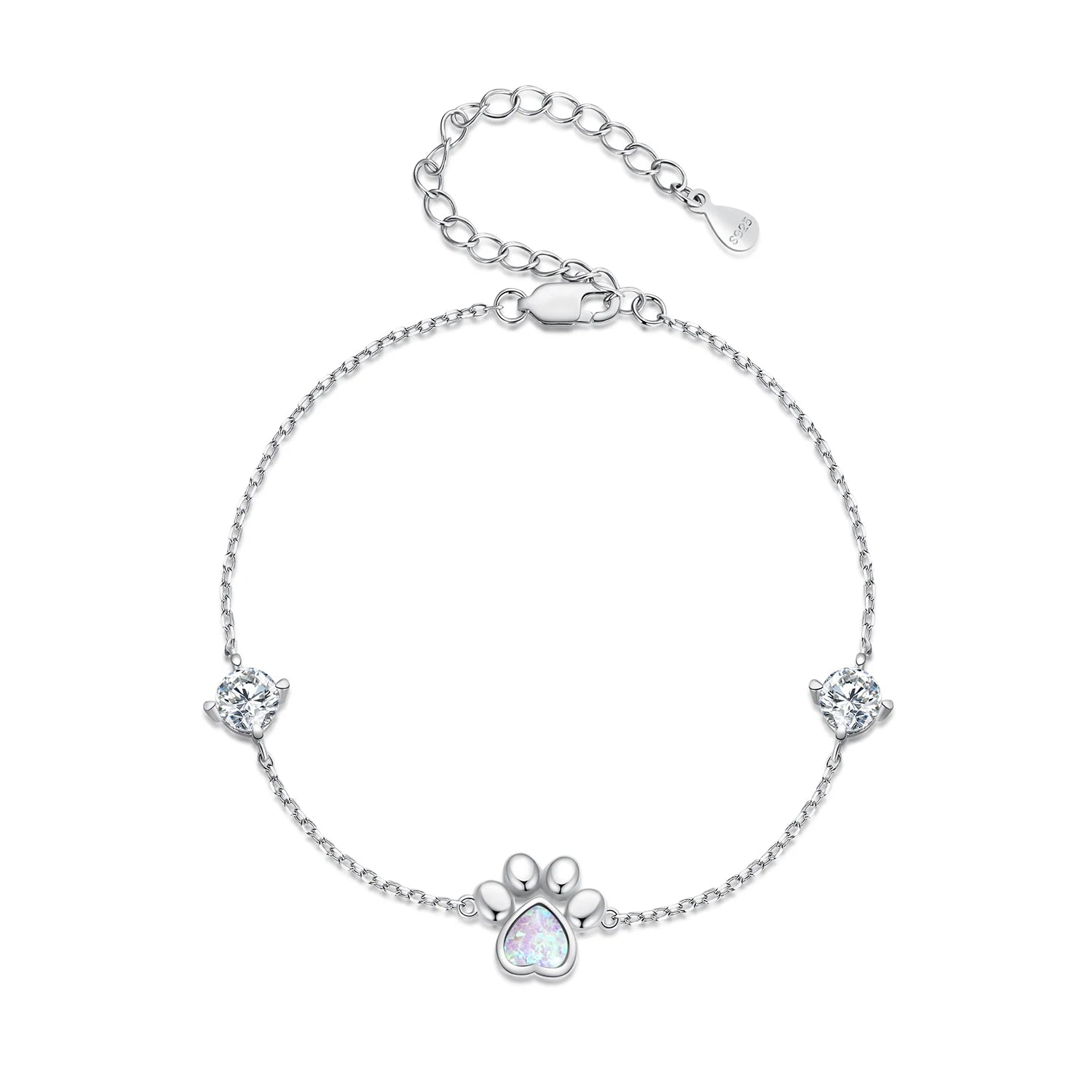 925 Sterling Silver Cut White Opal Cat Dog Paw Charm Bracelet for Women Lovely Girl Animal Chain Links Fine Jewelry Gift SCB256