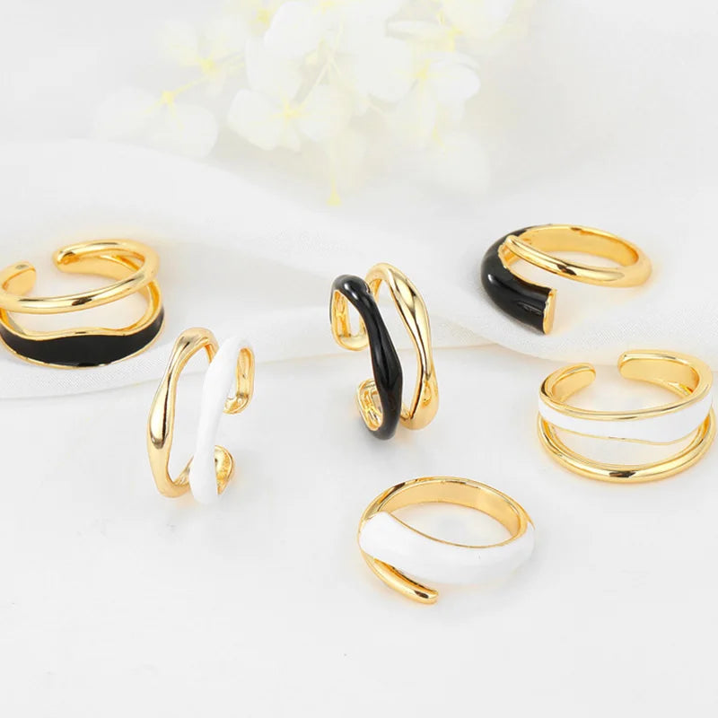 Fashion 14K Gold Plated Adjustable Ring With Geometric Enamel Black and White Women's Open Jewelry Rings