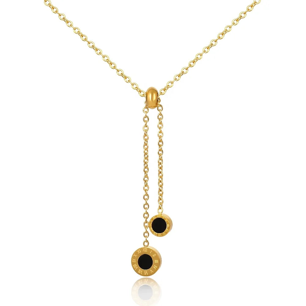 Waterproof Stainless Steel Black Round Roman Number Pendant Sliding Adjustable Tassel Necklace for Women Fashion Jewelry