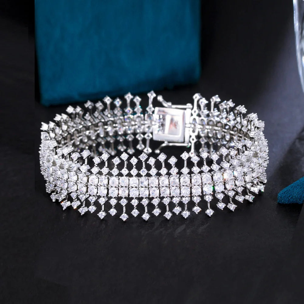 Sparkling Luxury Chunky Full Cubic Zircon Crystal Big Wide Bridal Wedding Banquet Huge Bracelet Fashion Jewelry