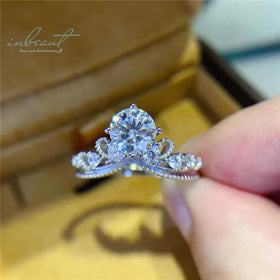 Silver 925 Original 1 Carat Brilliant Cut Pass Diamond Test D Color Moissanite Crown Ring for Women Engagement Fine Jewelry