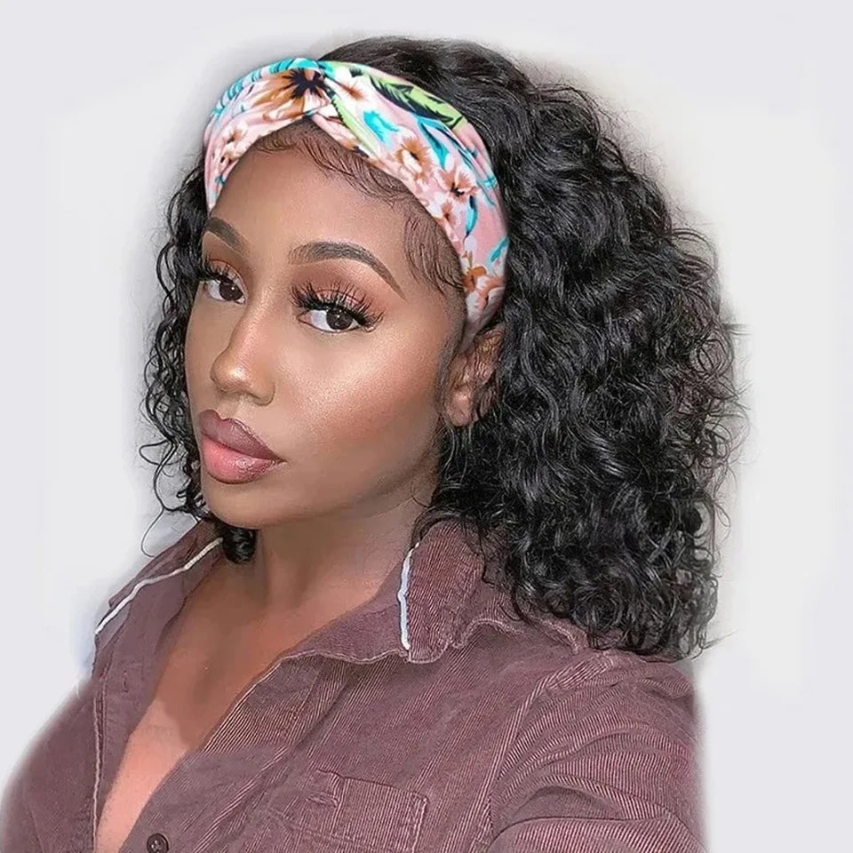 Full Cuticle Curly Straight Deep Wave Chinese Headband Wigs Human Hair GlueLess Transparent Lace Front 10A Non-Remy Peruvian