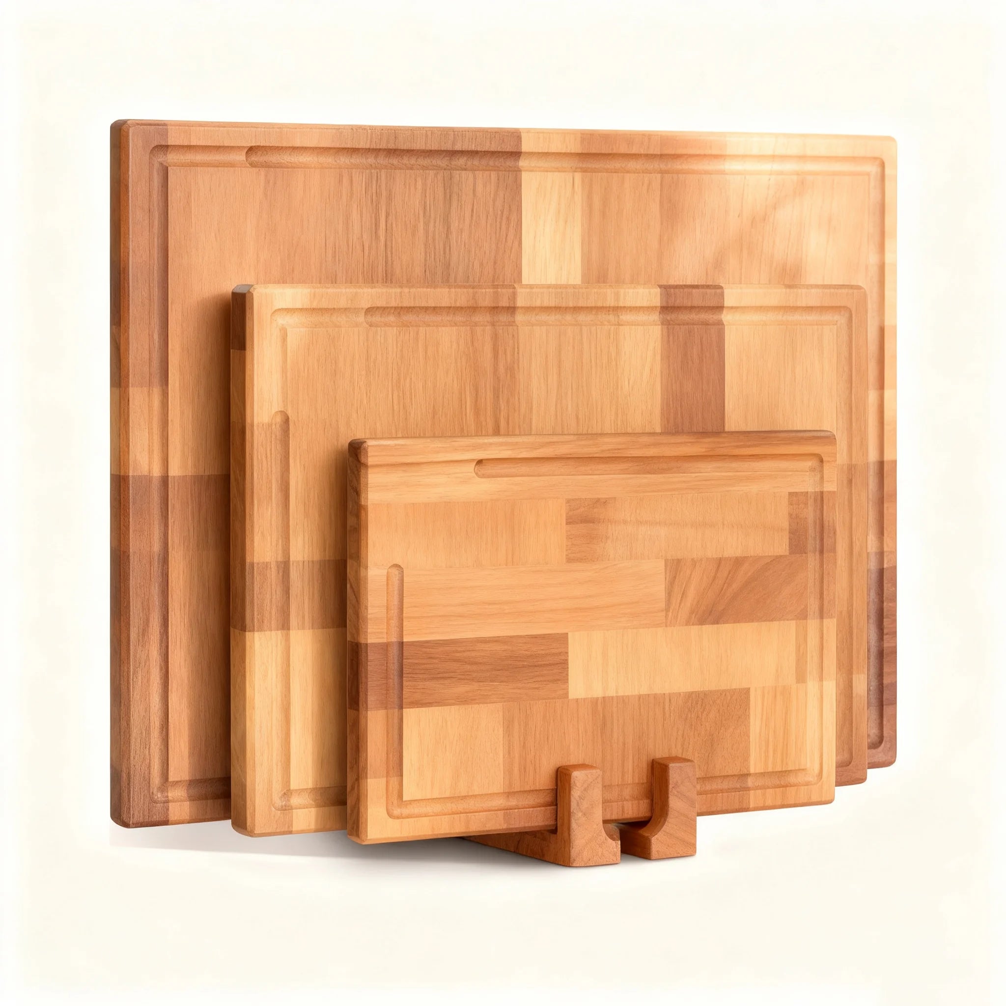 Set of 3 Solid Acacia Chopping Boards with Board Stand 2 cm Thick Wooden Boards with Juice Groove