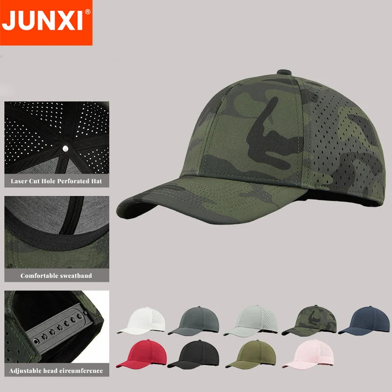 Custom Logo 5 Panel Laser Cut Hole Waterproof 100% Polyester Sporty Quick Dry Golf Baseball Cap for Men