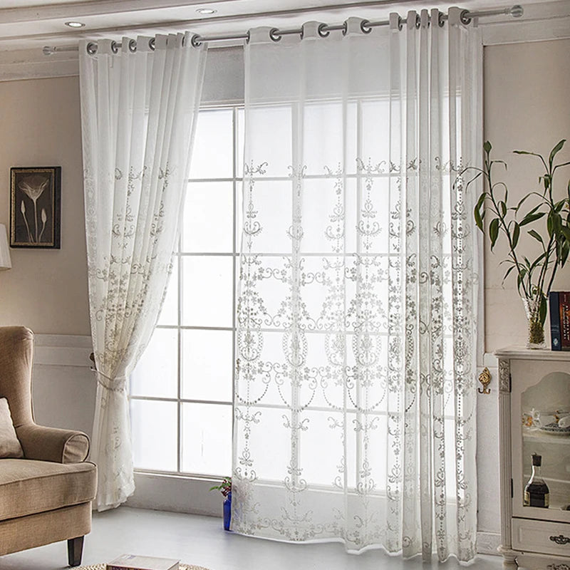 White Sheer Curtains - Semi Transparent Embroidered Floral Tulle Curtain for Bedroom Living Room
