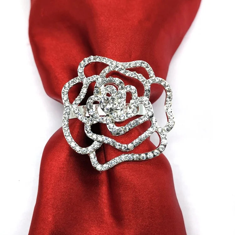 Crystal Rhinestone Engraved Rose Flower Napkin Rings for Anniversary Wedding Table Decoration