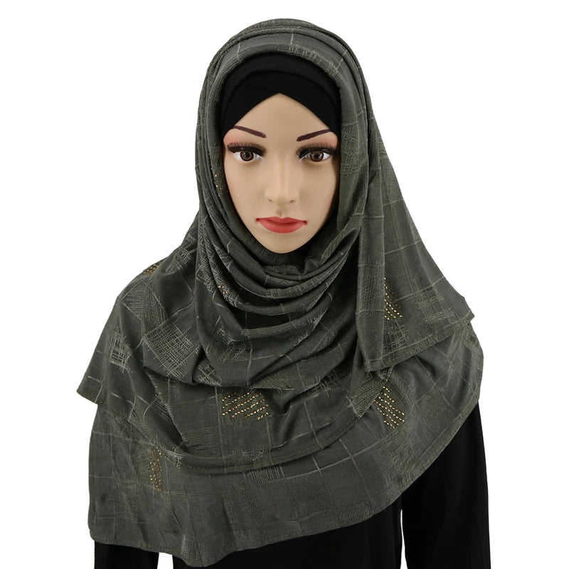 Wholesale Custom Hot Selling Plaid Jersey Scarf Muslim Hijab Iron Diamond Women Muslim Hijab