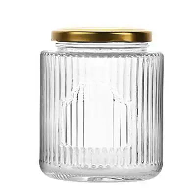 Bulk Sale 380ml 500ml Vertical Stripe Round Transparent Glass Storage Jar for Jam Honey Jelly with Metal Airtight Lids