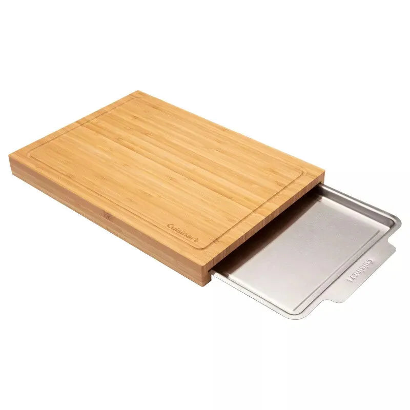 Eco-Friendly Bamboo Cutting Board Slide-Out Hidden Tray Stainless Steel Chopping Block Rectangle Shape Customizable Size Logo